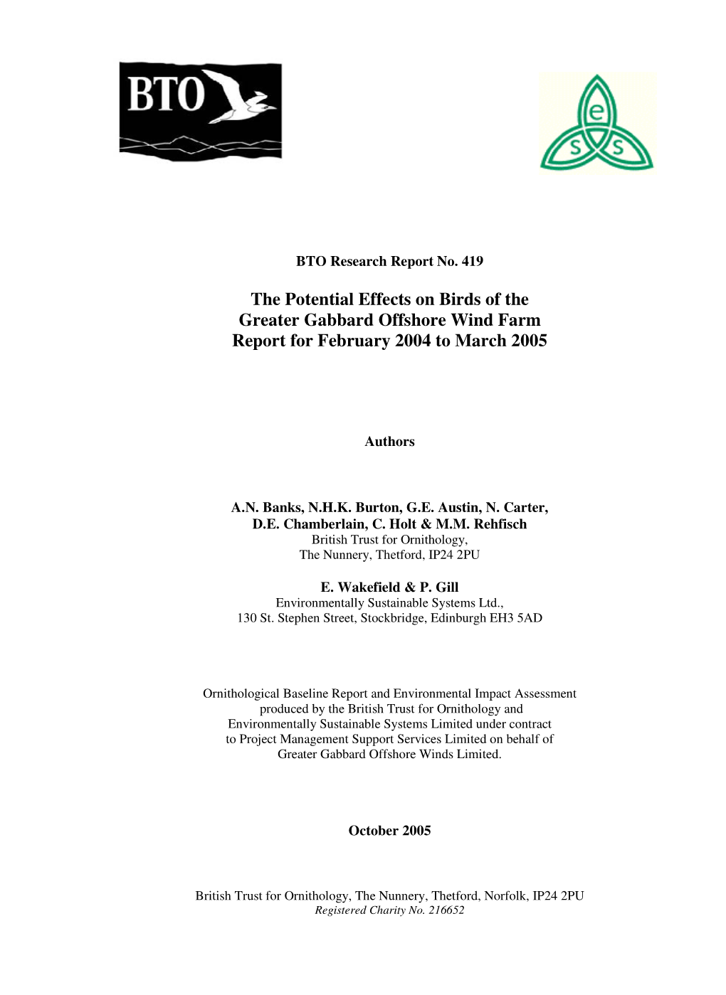 The Potential Effects on Birds of the Greater Gabbard Offshore Wind Farm Report for February 2004 to March 2005