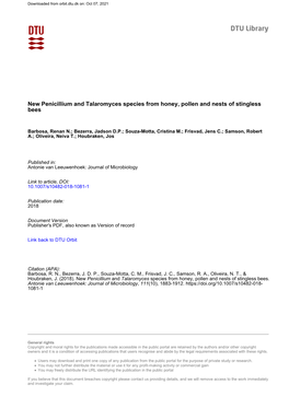 New Penicillium and Talaromyces Species from Honey, Pollen and Nests of Stingless Bees