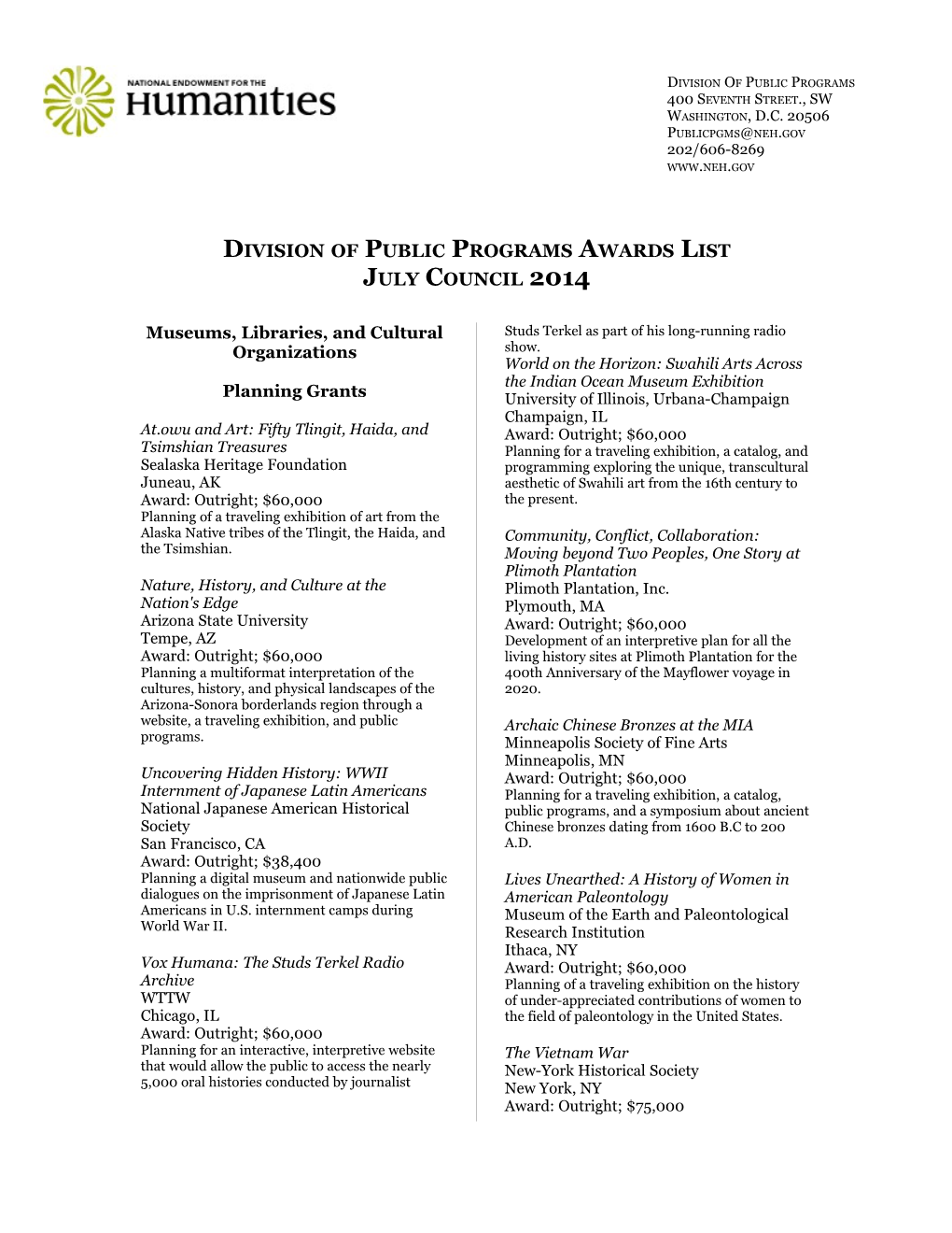 Division of Public Programs Awards List