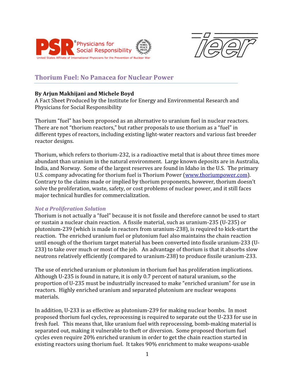 Thorium Fuel: No Panacea for Nuclear Power