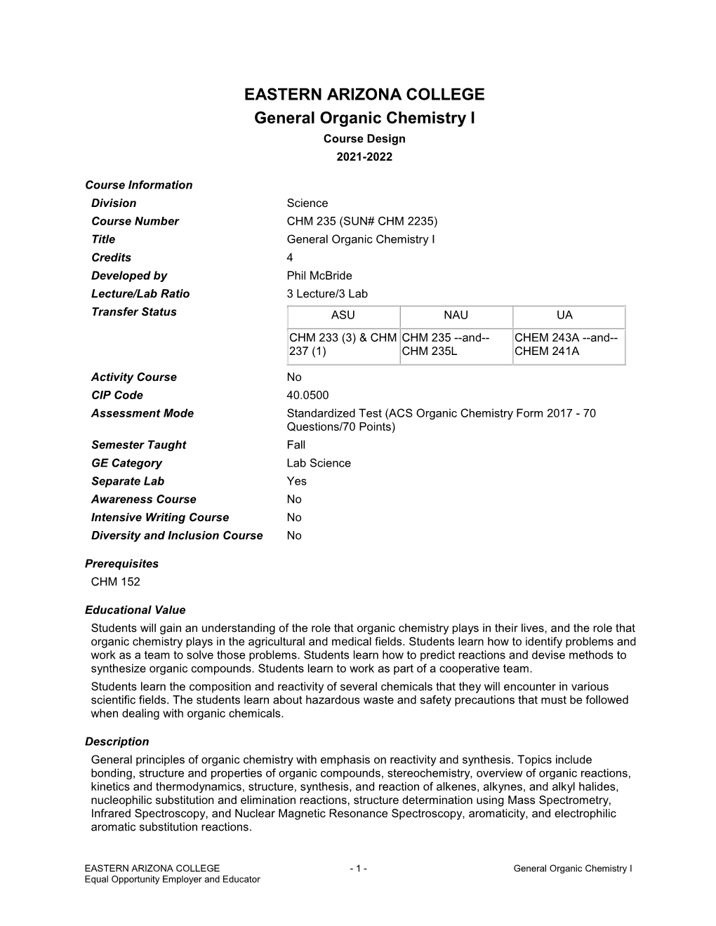 General Organic Chemistry I Course Design 2021-2022