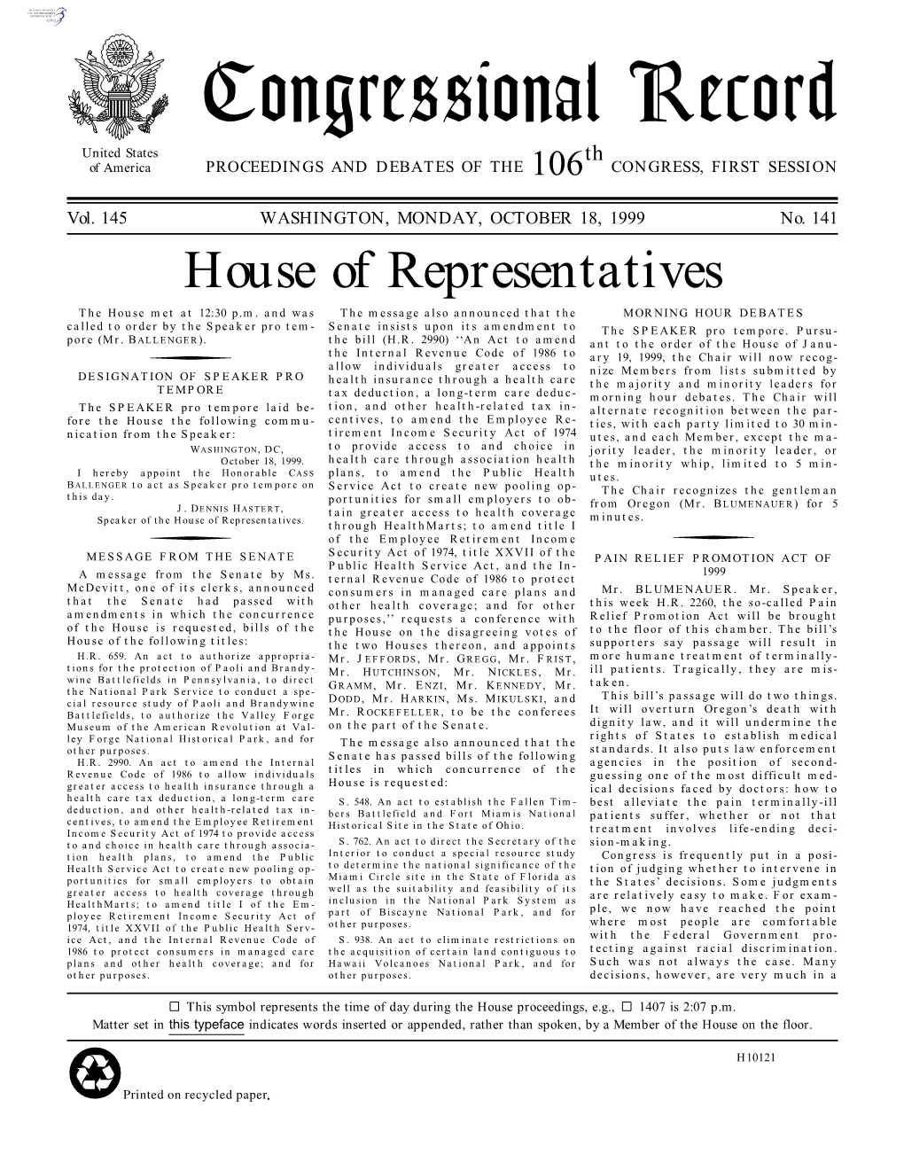 Congressional Record United States Th of America PROCEEDINGS and DEBATES of the 106 CONGRESS, FIRST SESSION