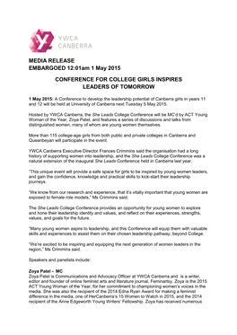 MEDIA RELEASE EMBARGOED 12:01Am 1 May 2015