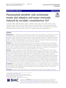 Plasmacytoid Dendritic Cells Orchestrate Innate and Adaptive Anti-Tumor Immunity Induced by Oncolytic Coxsackievirus A21 Louise M