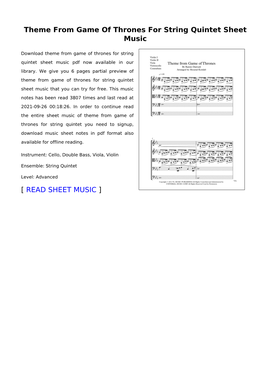 Theme from Game of Thrones for String Quintet Sheet Music