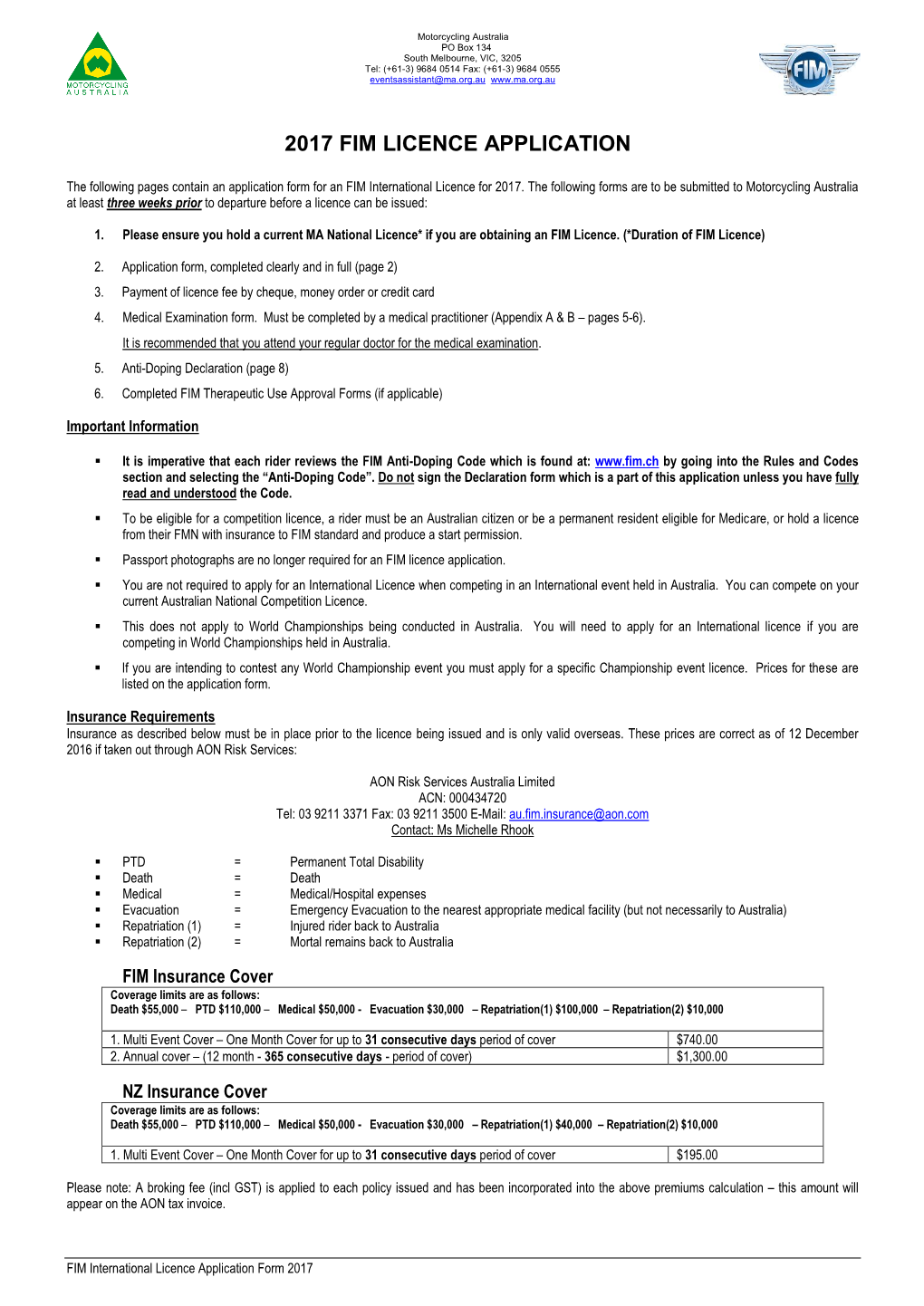 2017 Fim Licence Application