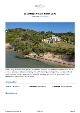 Beachfront Villa in North Corfu Reference: #NWSIDA3
