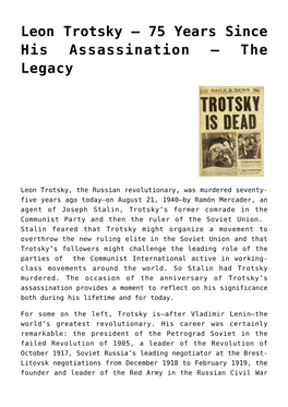 Leon Trotsky – 75 Years Since His Assassination – the Legacy