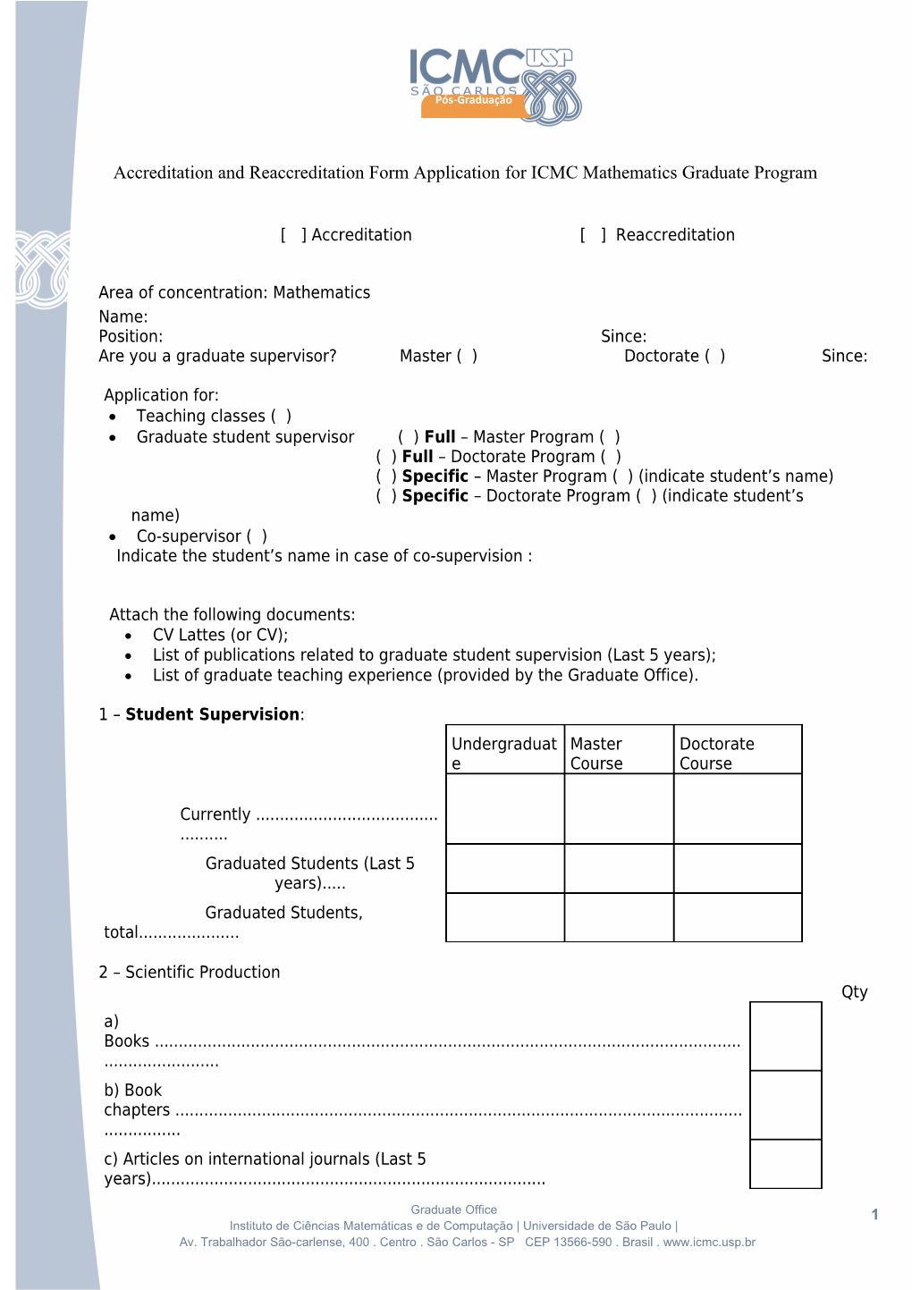 Accreditation and Reaccreditation Form Application for ICMC Mathematics Graduate Program