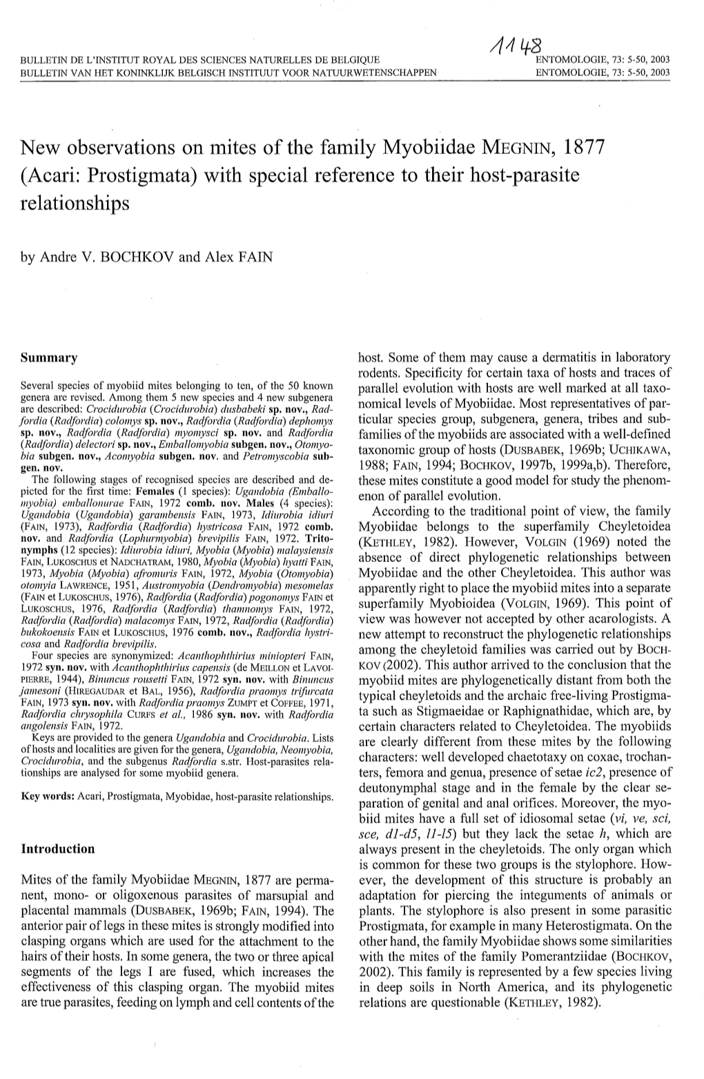 New Observations on Mites of the Family Myobiidae MEGNIN, 1877 (Acari: Prostigmata) with Special Reference to Their Host-Parasite Relationships by Andre V