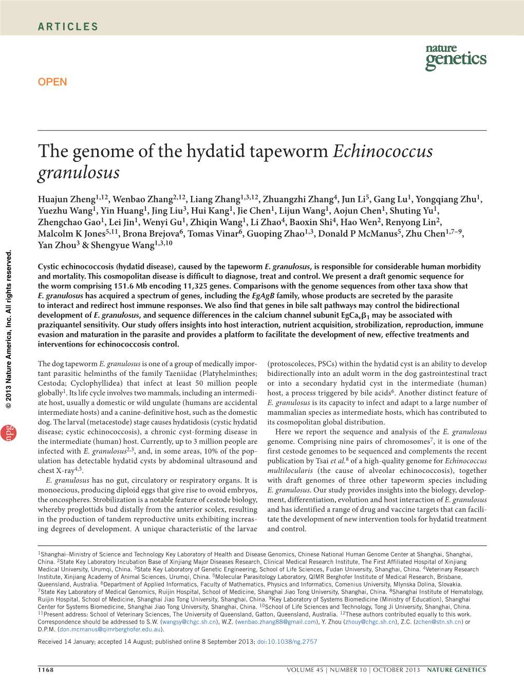 The Genome of the Hydatid Tapeworm Echinococcus Granulosus