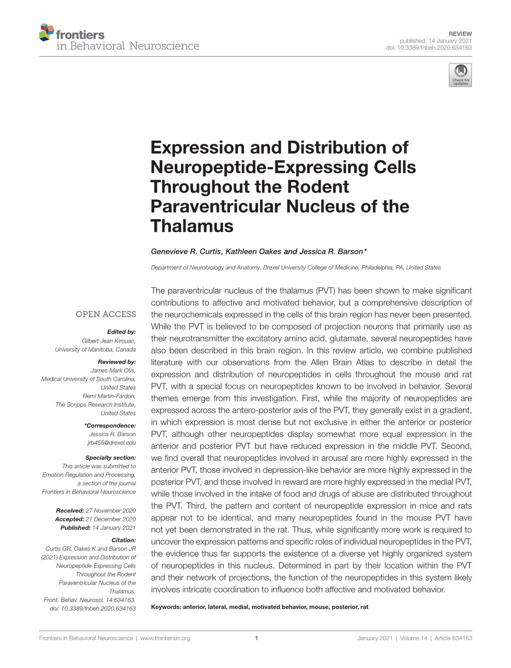 Expression and Distribution of Neuropeptide-Expressing Cells Throughout the Rodent Paraventricular Nucleus of the Thalamus