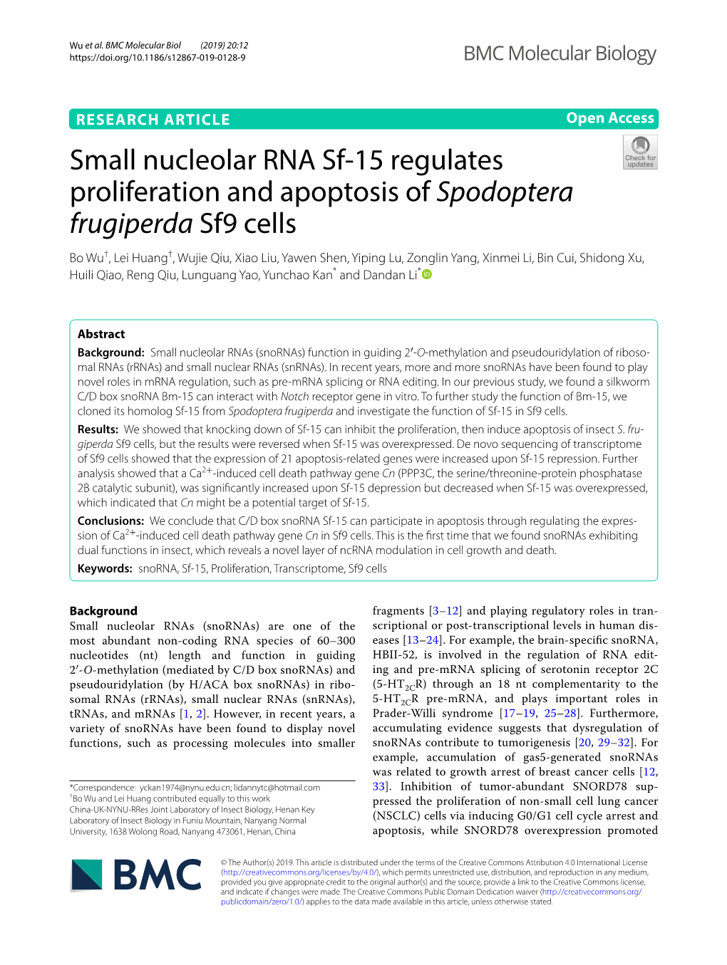 Small Nucleolar RNA Sf-15 Regulates Proliferation and Apoptosis Of