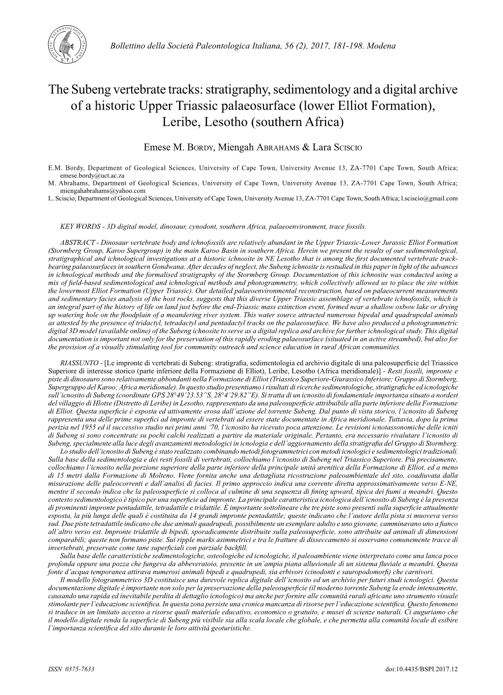 The Subeng Vertebrate Tracks: Stratigraphy, Sedimentology and A