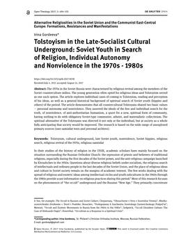 Tolstoyism in the Late-Socialist Cultural Underground: Soviet Youth in Search of Religion, Individual Autonomy and Nonviolence in the 1970S - 1980S