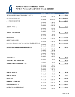 Northside Independent School District FY 19-20 Payments from 2/1/2020 Through 2/29/2020