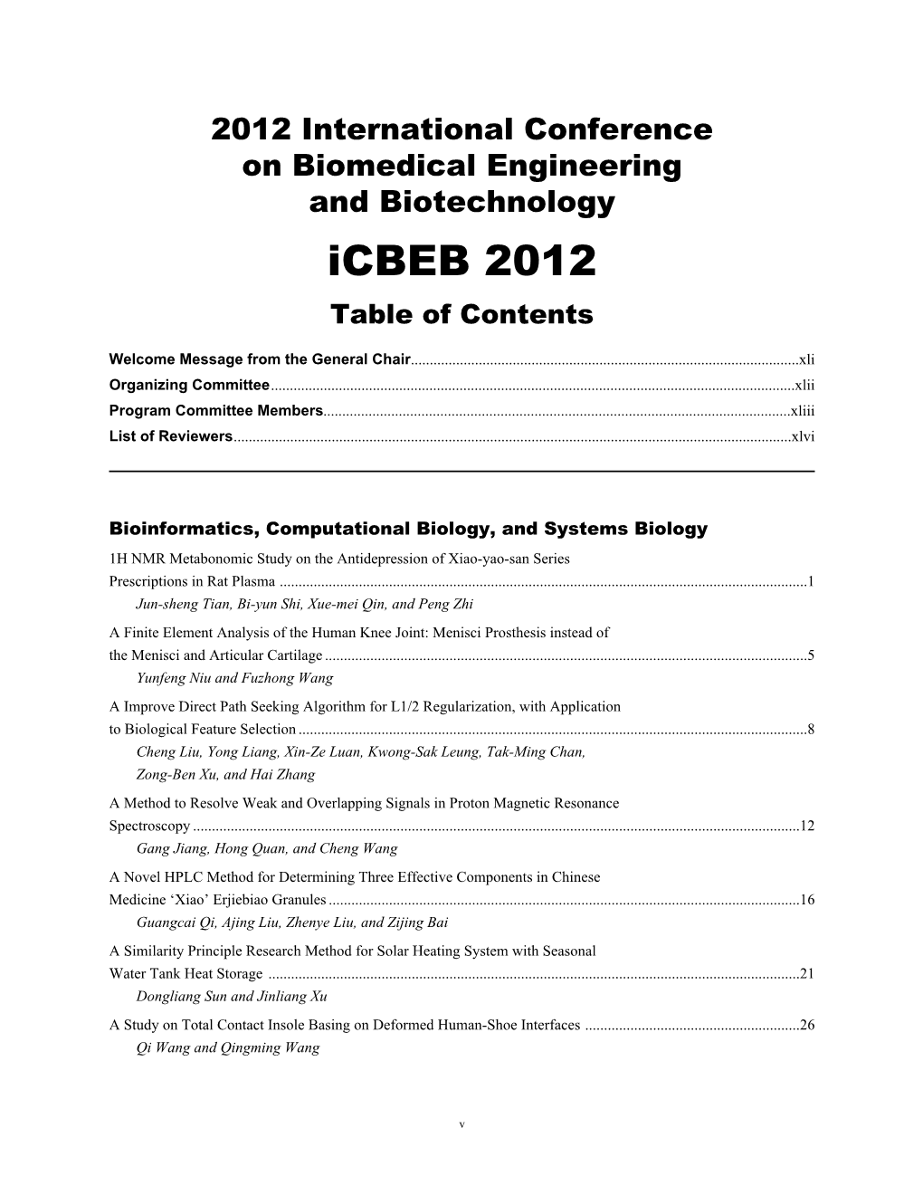 Icbeb 2012 Table of Contents