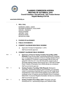 PLANNING COMMISSION AGENDA MEETING of OCTOBER 6, 2016 Council Chambers, City Hall South, 1501 Truxtun Avenue Regular Meeting 5:30 P.M