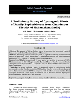 A Preliminary Survey of Cyanogenic Plants of Family Euphorbiaceae from Chandrapur District of Maharashtra (India) M.B