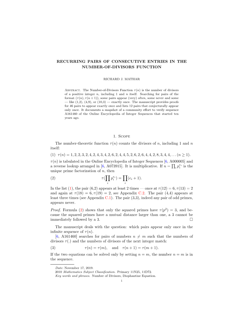 Recurring Pairs of Consecutive Entries in the Number-Of-Divisors Function