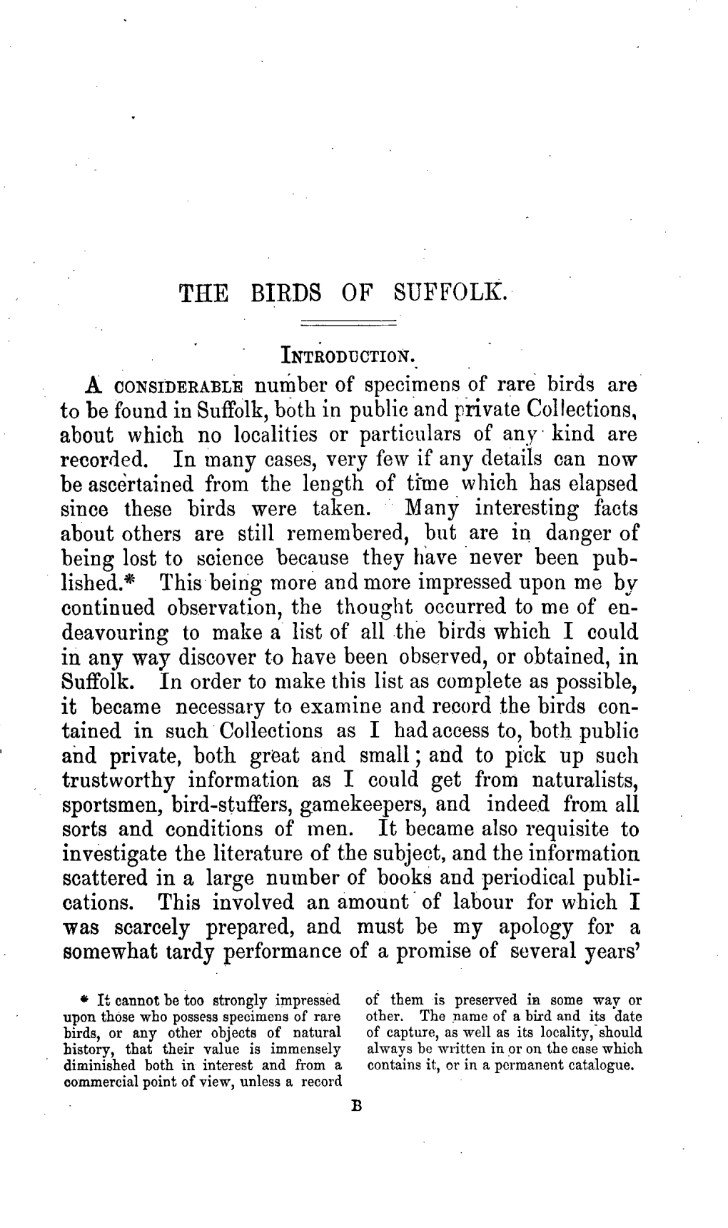 A Considerablenurnber of Specimens of Rare Birds Are to Be Found in Suffolk, Both in Public and Private Collections, About Which