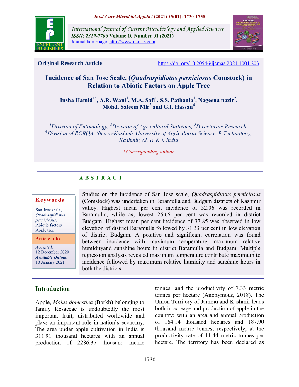 Incidence of San Jose Scale, (Quadraspidiotus Perniciosus Comstock) in Relation to Abiotic Factors on Apple Tree