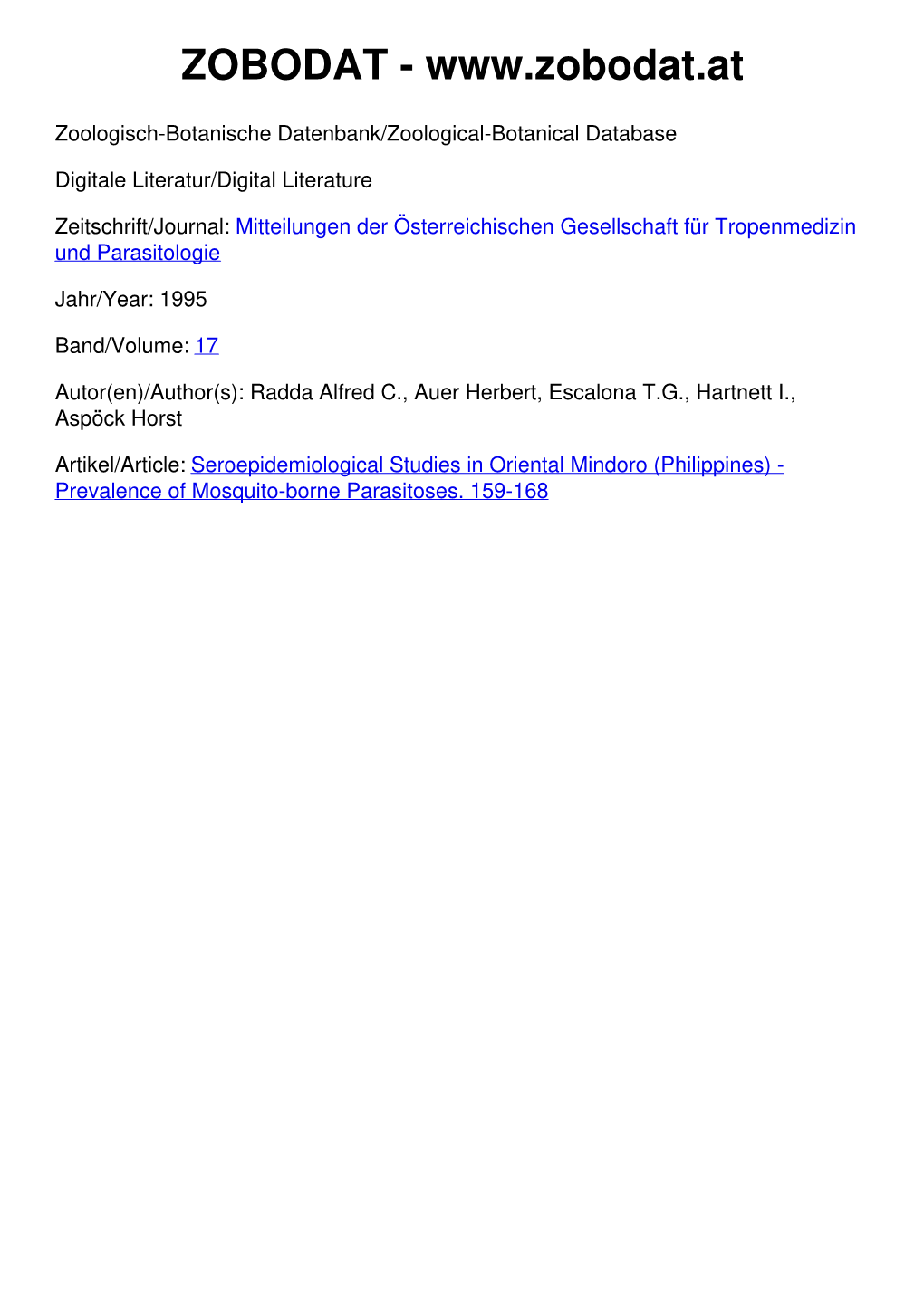 Seroepidemiological Studies in Oriental Mindoro (Philippines) - Prevalence of Mosquito-Borne Parasitoses