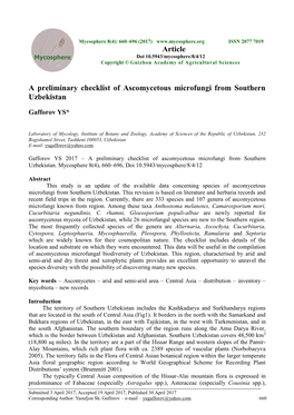 A Preliminary Checklist of Ascomycetous Microfungi from Southern Uzbekistan Article