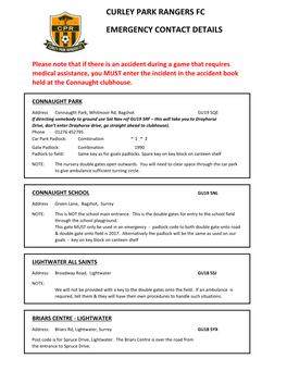 Curley Park Rangers Fc Emergency Contact Details