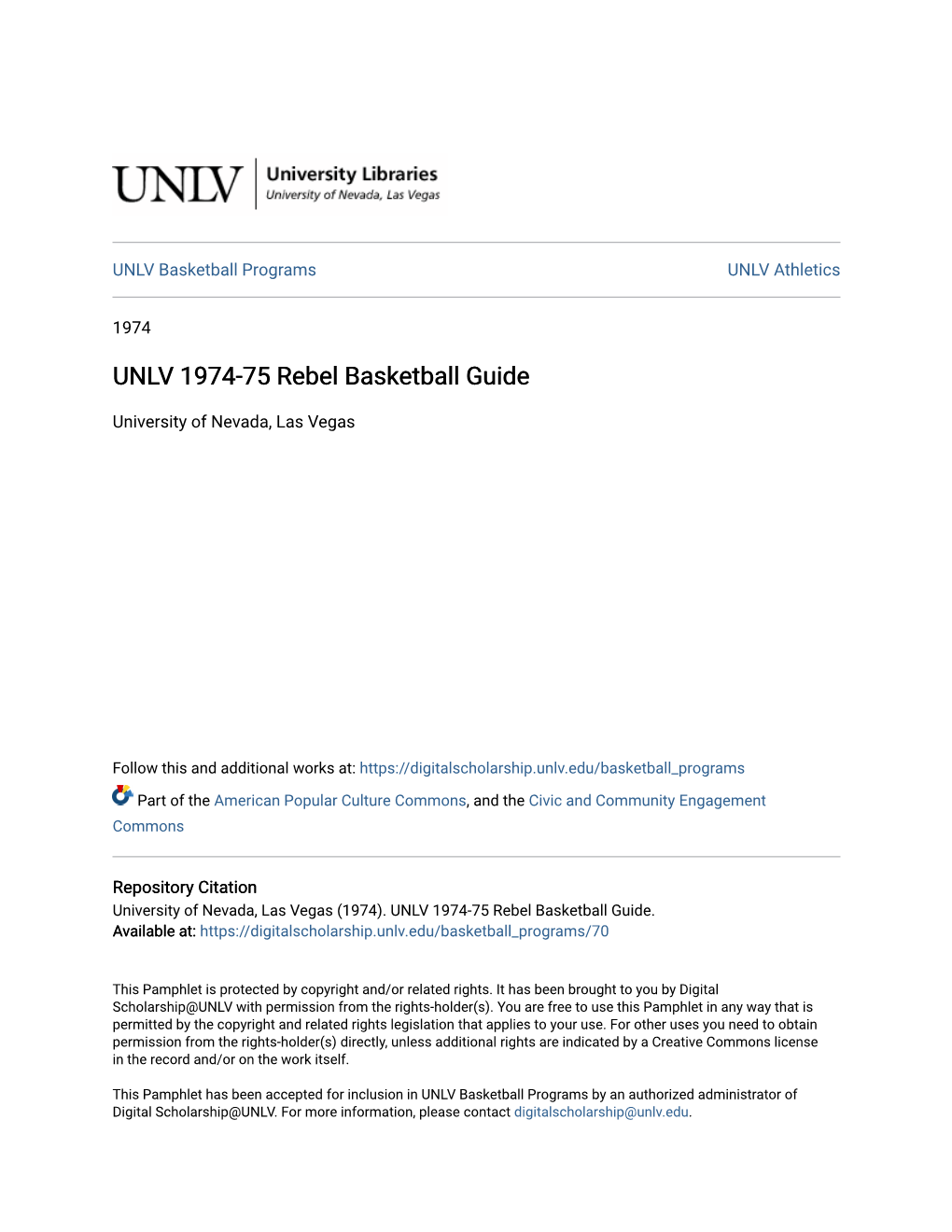 UNLV 1974-75 Rebel Basketball Guide