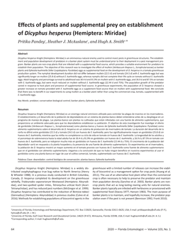 Effects of Plants and Supplemental Prey on Establishment of Dicyphus Hesperus (Hemiptera: Miridae)
