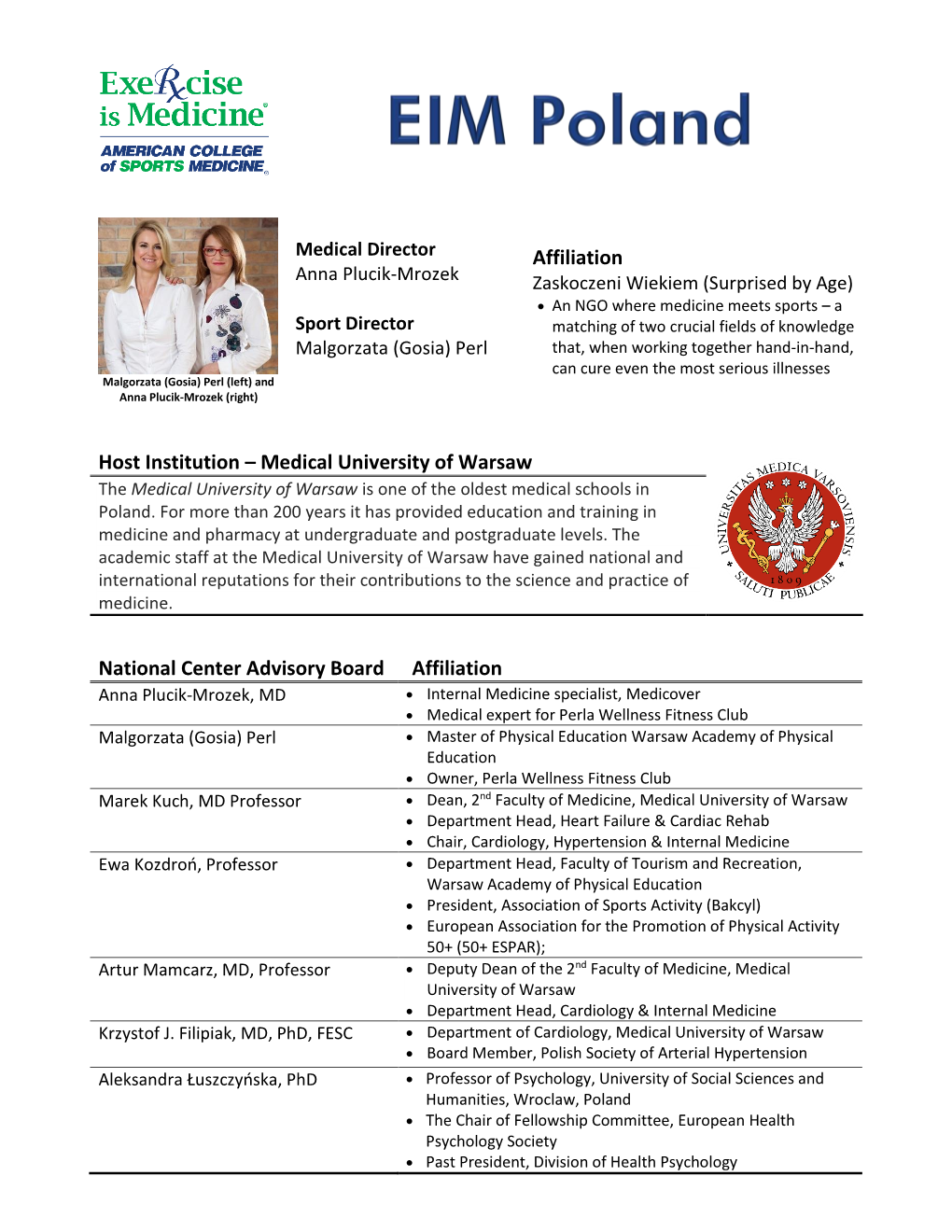 Medical University of Warsaw National Center Advisory Board Affiliation