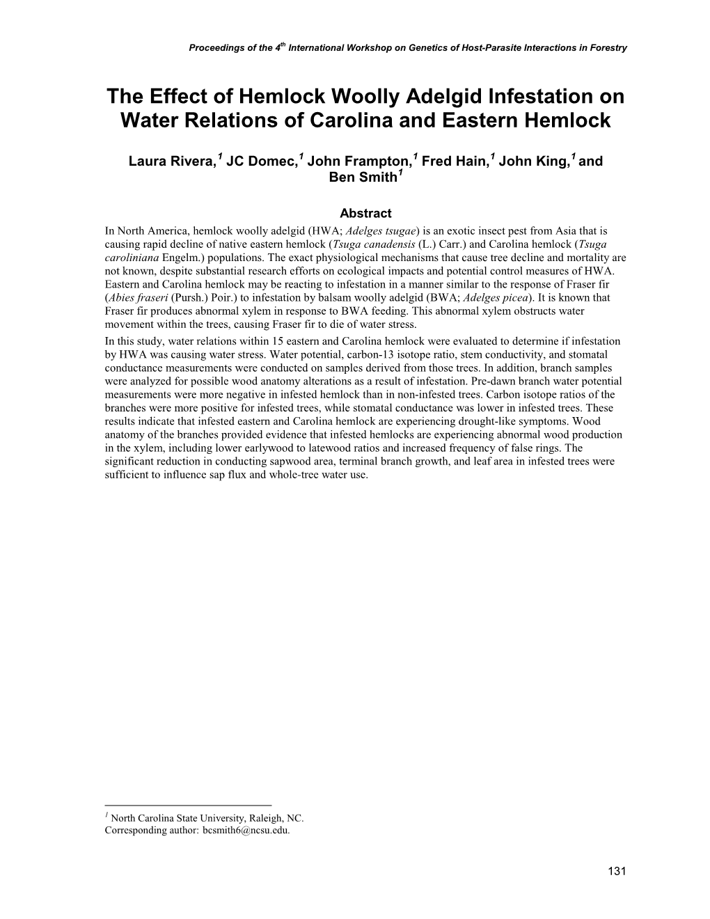 The Effect of Hemlock Woolly Adelgid Infestation on Water Relations of Carolina and Eastern Hemlock