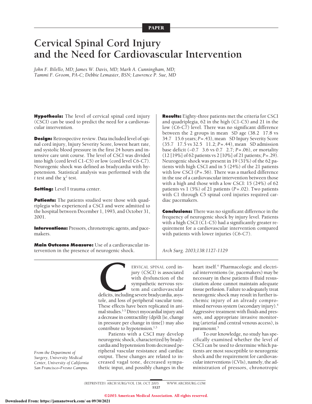 Cervical Spinal Cord Injury and the Need for Cardiovascular Intervention