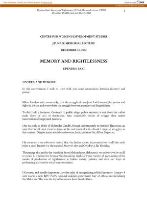 Memory and Rightlessness, J.P.Naik Memorial Lecture, CWDS 1 December 13, 2002; Final Text May 25, 2003