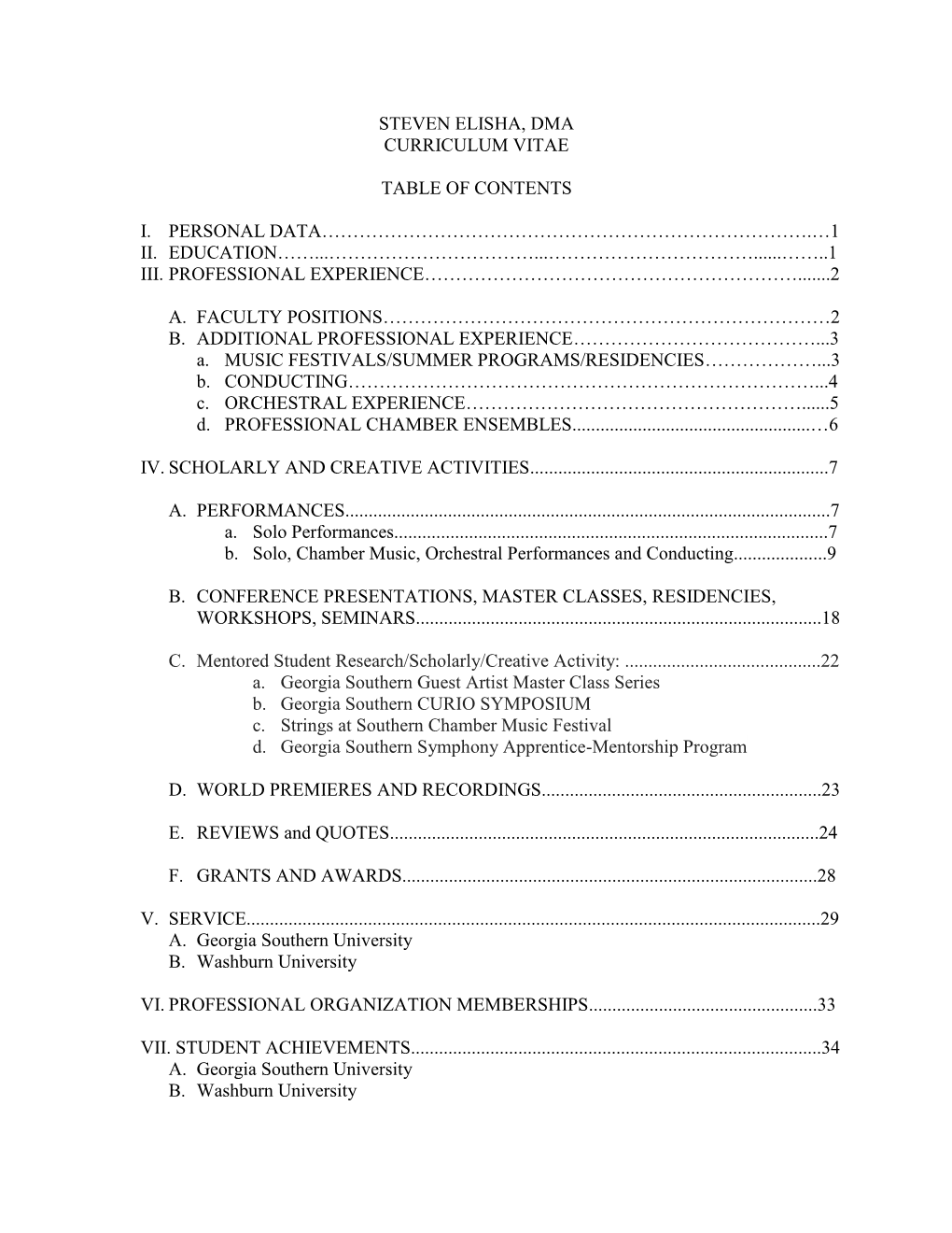 Steven Elisha, Dma Curriculum Vitae Table Of