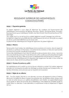 Reglement Interieur Des Mediatheques Communautaires