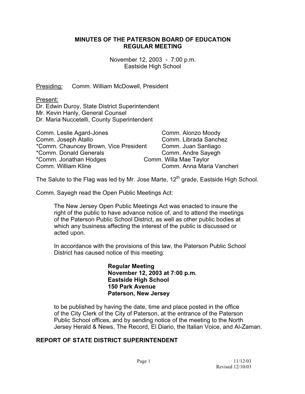 Minutes of the Paterson Board of Education Regular Meeting