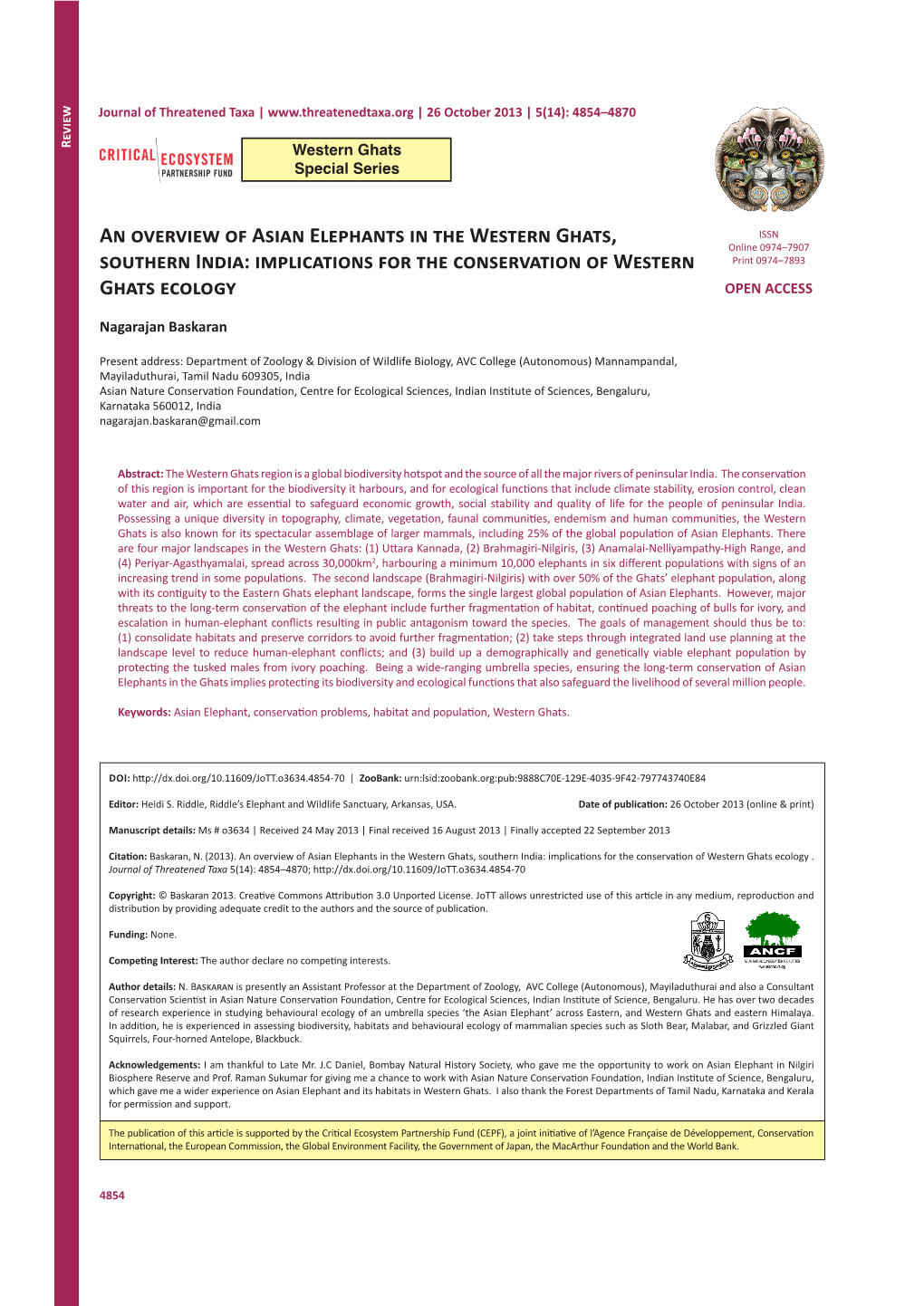 An Overview of Asian Elephants in the Western Ghats, Southern India: Implications for the Conservation of Western Ghats Ecology