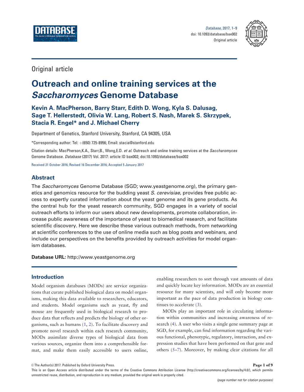 Outreach and Online Training Services at the Saccharomyces Genome Database Kevin A