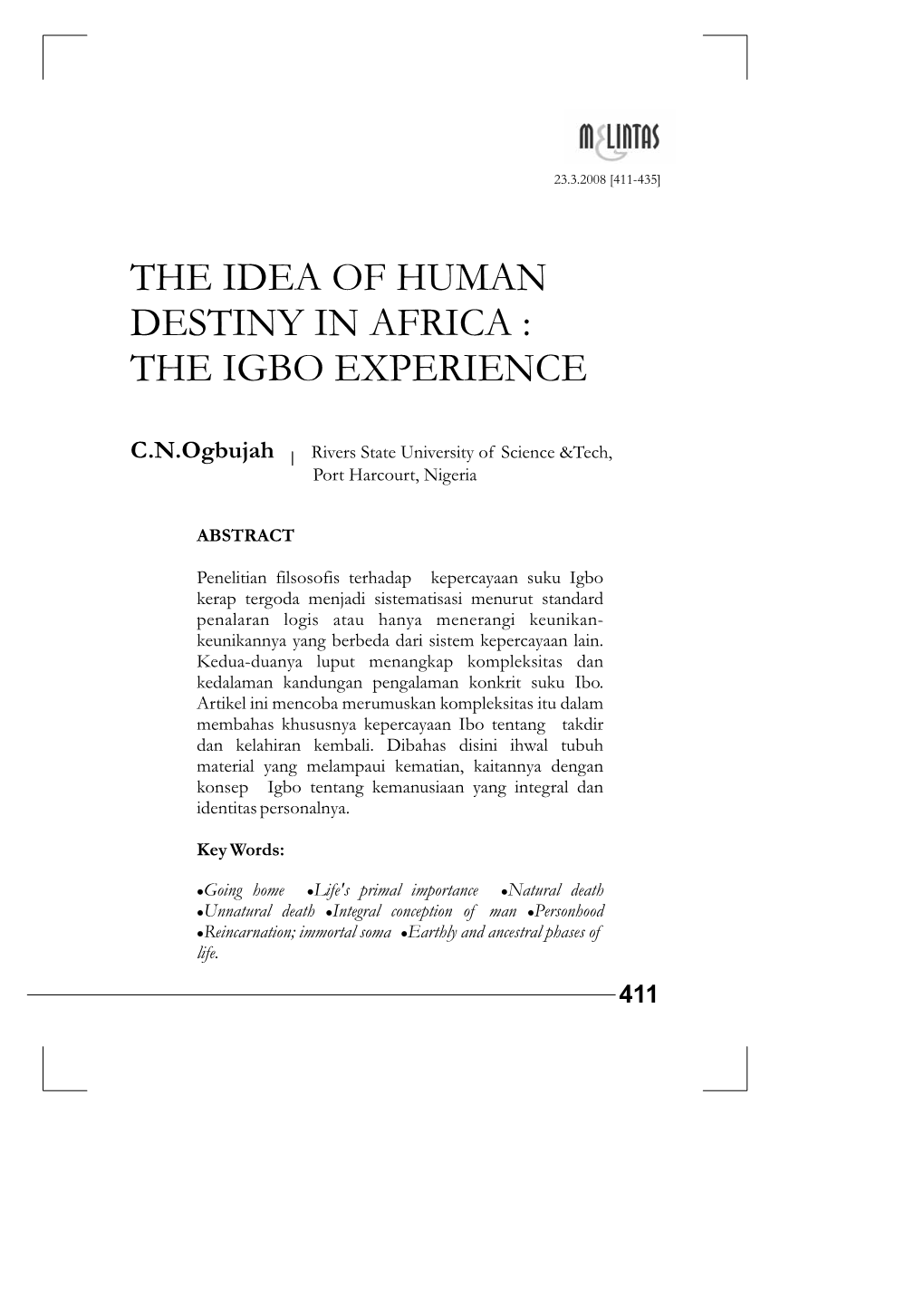 The Idea of Human Destiny in Africa : the Igbo Experience