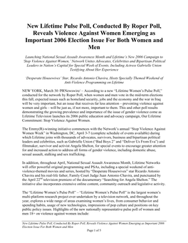 New Lifetime Pulse Poll, Conducted by Roper Poll, Reveals Violence Against Women Emerging As Important 2006 Election Issue for Both Women and Men
