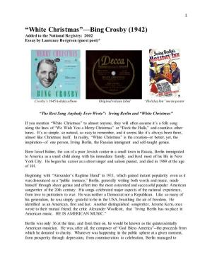 White Christmas”—Bing Crosby (1942) Added to the National Registry: 2002 Essay by Laurence Bergreen (Guest Post)*