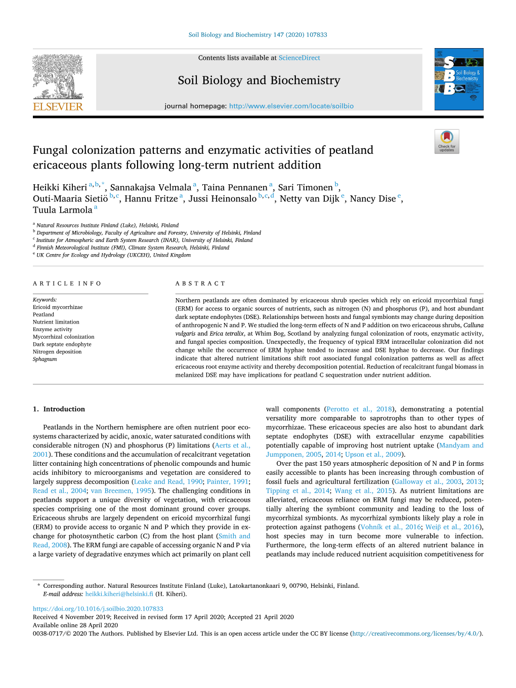 Fungal Colonization Patterns and Enzymatic Activities of Peatland Ericaceous Plants Following Long-Term Nutrient Addition