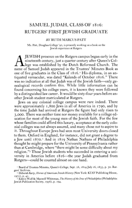 Samuel Judah, Class of 1816: Rutgers' First Jewish Graduate