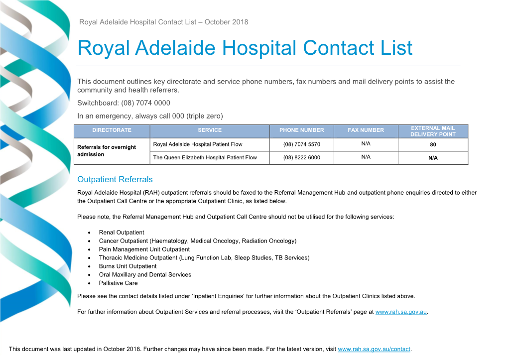 Royal Adelaide Hospital Contact List – October 2018 Royal Adelaide Hospital Contact List