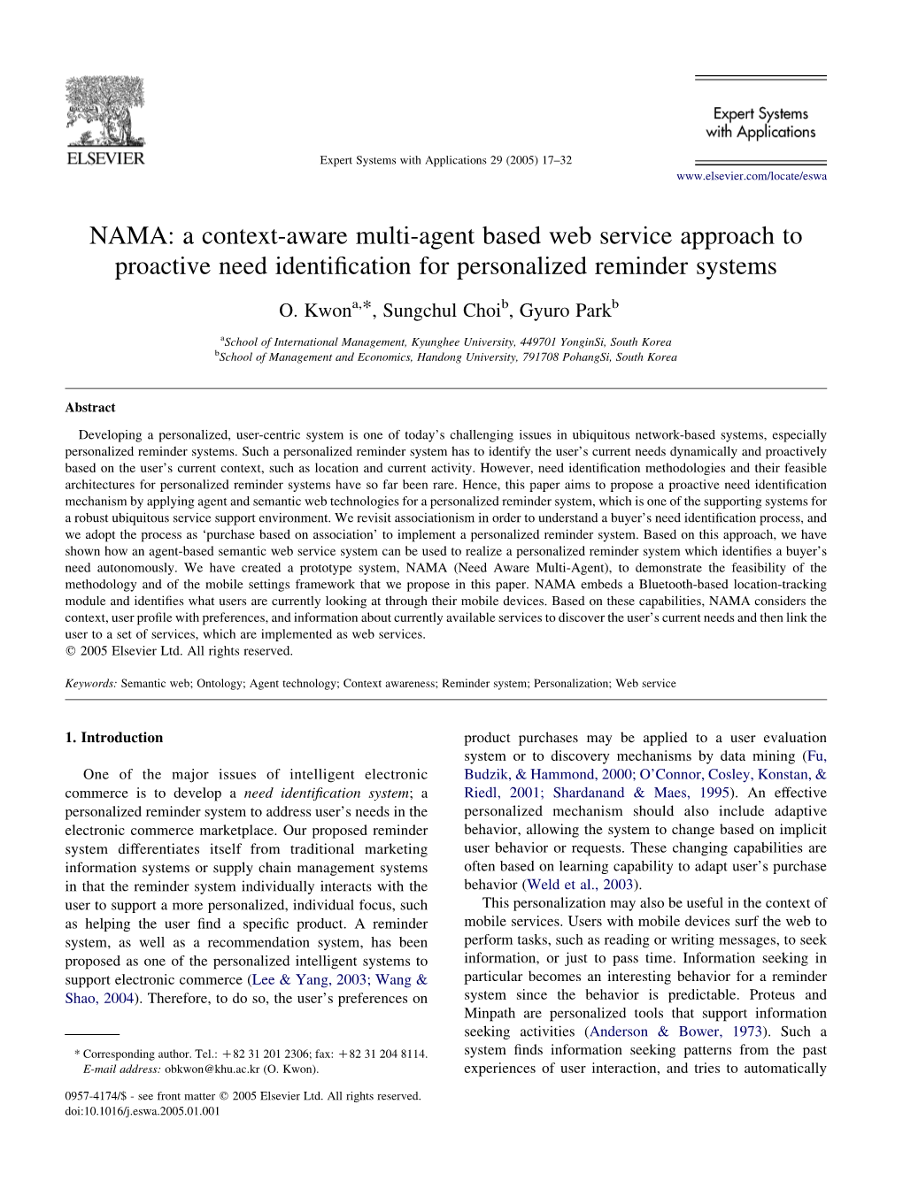 NAMA: a Context-Aware Multi-Agent Based Web Service Approach to Proactive Need Identiﬁcation for Personalized Reminder Systems