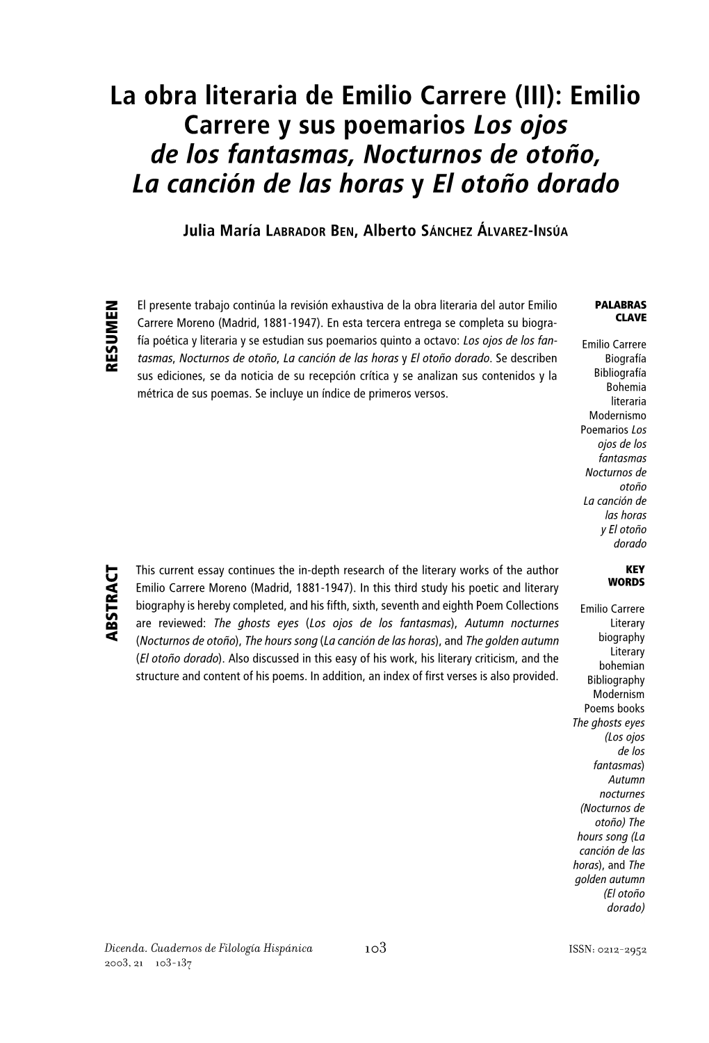 Emilio Carrere Y Sus Poemarios Los Ojos De Los Fantasmas, Nocturnos De Otoño, La Canción De Las Horas Y El Otoño Dorado