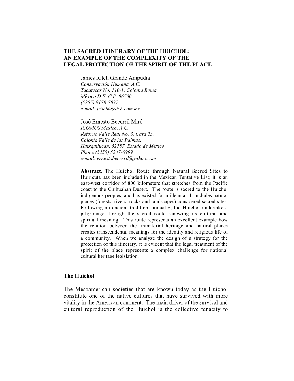 The Sacred Itinerary of the Huichol: an Example of the Complexity of the Legal Protection of the Spirit of the Place