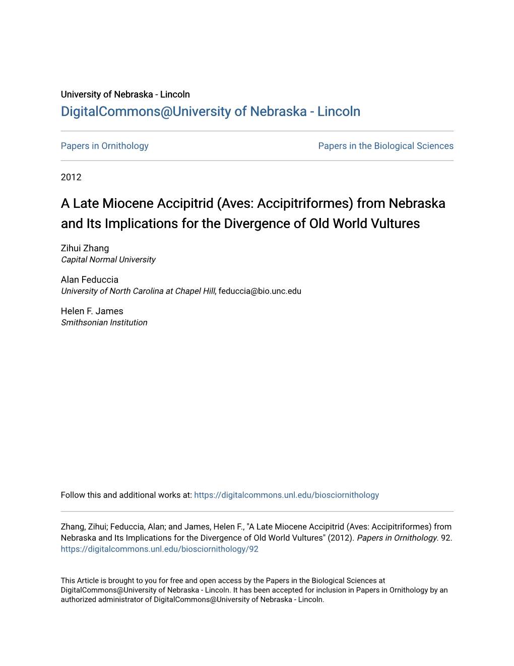 A Late Miocene Accipitrid (Aves: Accipitriformes) from Nebraska and Its Implications for the Divergence of Old World Vultures